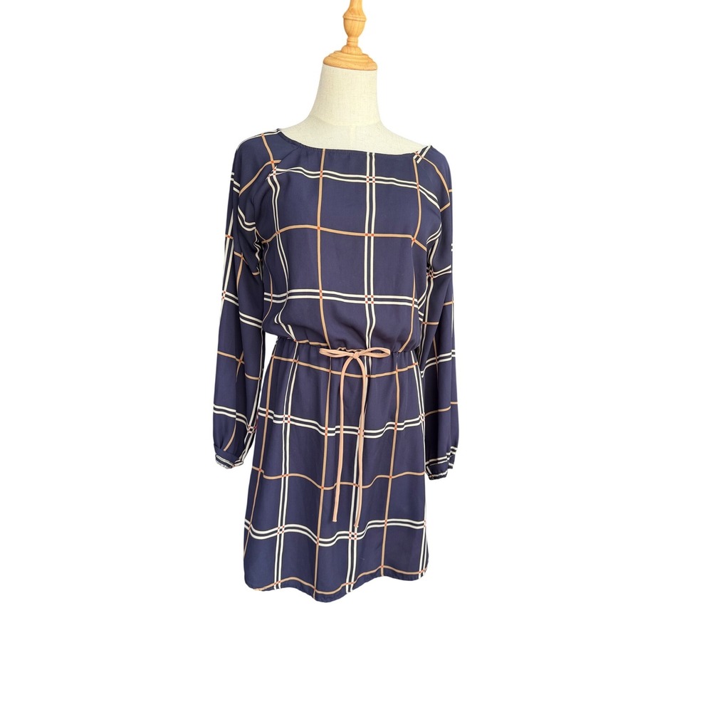 Peppermint Navy Blue Windowpane Plaid Long Sleeve Mini Dress Womens Made in USA